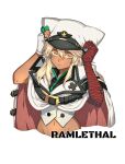  1girl adjusting_clothes adjusting_headwear asymmetrical_gloves bandaged_arm bandages blonde_hair clover dark-skinned_female dark_skin ebi_pri_shrimp fingerless_gloves four-leaf_clover gloves guilty_gear guilty_gear_strive hair_between_eyes long_hair looking_at_viewer navel orange_eyes ramlethal_valentine red_bandage simple_background white_gloves white_headwear 