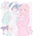  1boy 1girl :d akamatsu_kaede animal_ears animal_hood black_hair cosplay cowboy_shot danganronpa_(series) danganronpa_v3:_killing_harmony dog_ears dog_hood fake_animal_ears hands_up heart highres holding holding_stuffed_toy hood keke_(xfxyuio) kigurumi long_sleeves open_mouth pink_eyes rabbit_ears saihara_shuichi smile stuffed_toy 