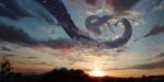  animal_focus blue_sky cloud commentary dragon english_commentary gradient_sky highres horizon ikorusart landscape light_particles no_humans open_mouth original outdoors photoshop_(medium) realistic scenery signature sky sunset wyrm 