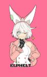  1girl ahoge animal_ears blue_eyes bracelet breasts character_name clover collar dress ebi_pri_shrimp elphelt_valentine fingerless_gloves four-leaf_clover gloves guilty_gear guilty_gear_strive guilty_gear_xrd hairband huge_ahoge jacket jewelry large_breasts looking_at_viewer one_eye_closed pink_background pink_hairband pink_jacket short_hair smile spiked_bracelet spiked_collar spiked_hairband spiked_jacket spikes upper_body v white_dress white_hair 