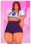  1girl abs absurdres alternate_muscle_size border breasts colored_sclera covered_navel curvy dc_comics drakkaiart green_eyes green_sclera highres lipstick long_hair looking_at_viewer makeup medium_breasts muscular muscular_female nasa_logo outline pink_background print_shirt purple_shorts red_hair shirt short_shorts short_sleeves shorts smile solo starfire teen_titans thick_thighs thighs white_border white_outline white_shirt wide_hips 