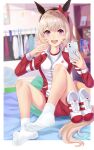  1girl animal_ears blurry blurry_background cellphone curren_chan_(umamusume) evefly_megane_p grey_hair highres horse_ears horse_tail jacket jersey looking_at_viewer no_shoes open_mouth phone purple_eyes selfie sitting socks solo tail track_jacket track_suit umamusume white_socks 