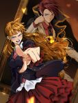  1boy 1girl absurdres aiguillette beatrice_(umineko) blazer blonde_hair blue_eyes blunt_bangs cloak comb_over formal frilled_sleeves frills head_rest highres jacket long_hair necktie open_clothes open_jacket open_mouth painting_(object) picture_frame pleated_skirt pointing pointing_at_viewer red_hair red_shirt red_skirt serious shirt skirt suit umineko_no_naku_koro_ni uneasywolf ushiromiya_battler waistcoat white_shirt 
