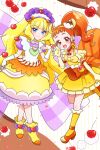  2girls :d animal_ears arisugawa_himari back_bow blonde_hair blue_eyes blunt_bangs bow bridal_gauntlets brooch brown_eyes choker closed_mouth cure_custard cure_finale cure_finale_(children&#039;s_lunch_dress) delicious_party_precure dot_nose dress earrings elbow_gloves extra_ears food-themed_clothes food-themed_hair_ornament footwear_bow frills gloves hair_bow hair_ornament hairband heart heart_brooch highres huge_bow jewelry kasai_amane kirakira_precure_a_la_mode kneehighs layered_dress long_hair looking_at_viewer magical_girl moro_precure multiple_girls open_mouth orange_bow orange_footwear orange_hair plaid plaid_bow ponytail pouch precure puffy_sleeves purple_bow purple_hairband red_choker shoes short_dress short_hair smile socks squirrel_ears squirrel_tail tail trait_connection twitter_username white_bridal_gauntlets yellow_dress yellow_footwear yellow_gloves yellow_hairband yellow_socks 