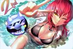  1girl absurdres alternate_hairstyle anniversary beach bikini black_bikini black_choker breasts choker highres honkai_(series) honkai_impact_3rd innertube large_breasts mihoyo mimo_(mihoyo) mole mole_on_breast murata_himeko one_eye_closed outstretched_arm ponytail red_hair saroe shirt solo summer sunglasses swim_ring swimsuit v water wet wet_clothes white_shirt yellow_eyes 