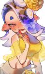  1girl blue_hair blush breasts commentary_request cosplay crop_top embarrassed eyelashes fang frye_(splatoon) frye_(splatoon)_(cosplay) grey_pants groin hair_ornament hair_over_one_eye harem_pants highres jakujaku444 large_breasts long_hair navel nose_blush octoling open_mouth pants pom_pom_(clothes) pom_pom_hair_ornament red_eyes shawl shiver_(splatoon) simple_background skin_fang solo splatoon_(series) splatoon_3 tentacle_hair thick_eyebrows tooth_earrings white_background yellow_shawl 