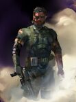  1boy beard belt black_hair dark-skinned_male dark_skin eyepatch facial_hair fanny_pack gloves gun handgun highres holding holding_gun holding_weapon male_focus metal_gear_(series) metal_gear_solid muscular ogimotozukin scar scar_across_eye short_hair smoke solid_snake solo standing weapon 