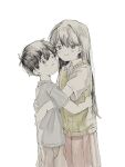  1boy 1girl black_eyes black_hair blush brother_and_sister brown_shorts brown_skirt closed_mouth collared_shirt cowboy_shot dot_nose from_side green_sweater_vest grey_shirt hatching_(texture) highres hug linear_hatching long_hair looking_at_viewer mari_(faraway)_(omori) mari_(omori) omori one_eye_closed pleated_skirt shirt short_hair short_sleeves shorts siblings sidelocks simple_background skirt smile straight_hair sunny_(omori) sweater_vest swk_g4 white_background white_shirt 