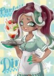  1girl aqua_background atataka_soranko breasts cephalopod_eyes cherry cleavage commentary_request cup dark-skinned_female dark_skin eyelashes food fruit furrowed_brow glass gradient_hair green_hair grid_background hand_on_own_hip highres holding holding_plate large_breasts long_hair looking_at_viewer marina_(splatoon) mole mole_under_mouth multicolored_hair octoling open_mouth parfait plate red_hair red_pupils smile solo splatoon_(series) splatoon_2 standing star_(symbol) strawberry teeth tentacle_hair thick_eyebrows two-tone_background two-tone_hair upper_teeth_only whipped_cream yellow_background 