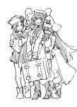  3girls angel_wings april_(guilty_gear) belt dizzy_(guilty_gear) dress greyscale guilty_gear guilty_gear_xx hair_between_eyes hair_ribbon hair_rings hat highres long_hair long_sleeves may_(guilty_gear) monochrome multiple_girls pirate pirate_hat ribbon sailor_collar simple_background sketch skull_and_crossbones suitcase tosshin twintails very_long_hair white_background wings 