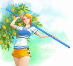  1girl artist_name closed_mouth commentary english_commentary food fruit highres holding holding_polearm holding_weapon mandarin_orange nami_(one_piece) one_piece orange_eyes orange_hair outdoors polearm shirt short_hair short_sleeves smile solo suddakka v-neck weapon 