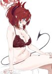 1girl black_choker blue_archive blush bra breasts choker cleavage demon_horns demon_tail dirty dirty_face fingernails gomibako_(gomibako_price) halo highres horns large_breasts lingerie looking_ahead megu_(blue_archive) navel panties ponytail red_bra red_hair red_panties sitting solo stomach sweat tail underwear underwear_only 