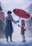  1boy 1girl absurdres black_hair black_shorts building commentary commission fingerless_gloves gloves haruno_sakura highres holding holding_umbrella japanese_clothes lantern long_hair naruto naruto_(series) naruto_shippuuden niku_(ni23ku) oil-paper_umbrella paper_lantern pink_hair pouch rope_belt sandals shorts snow snowing time_paradox toeless_footwear twitter_username uchiha_sasuke umbrella weibo_username 