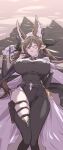 1girl animal_ears breasts brown_hair closed_eyes clothing_cutout earrings extra_ears galleon_(granblue_fantasy) gloves granblue_fantasy highres horns huge_breasts jewelry long_hair lying mogi_yasunobu on_back pointy_ears thigh_cutout thigh_pouch white_gloves 