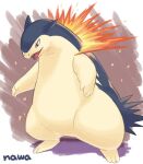  2022 artist_name fang fire gomuhimo_(nawataro) no_humans open_mouth pokemon pokemon_(creature) solo standing two-tone_background two-tone_fur typhlosion white_background 