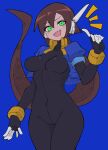  1girl absurdres aile_(mega_man_zx) black_bodysuit blue_background blue_jacket blush bodysuit bodysuit_under_clothes breasts brown_hair buzzlyears covered_collarbone covered_navel cropped_jacket fang glowing green_eyes highres jacket long_hair looking_at_viewer medium_breasts mega_man_(series) mega_man_zx mega_man_zx_advent no_pants open_clothes open_jacket ponytail robot_ears simple_background skin_fang solo 