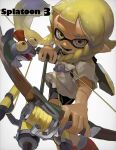  1girl agent_3_(splatoon_3) asymmetrical_hair black_shorts blonde_hair blue_hair bow_(weapon) braid commentary_request copyright_name eyebrow_cut gradient_hair highres holding holding_bow_(weapon) holding_weapon ink_tank_(splatoon) inkling_girl inkling_player_character long_hair mepo_1 multicolored_hair open_mouth pointy_ears shirt short_sleeves shorts single_braid smallfry_(splatoon) splatoon_(series) splatoon_3 teeth tentacle_hair torn_clothes torn_shirt tri-stringer_(splatoon) two-tone_hair weapon white_background white_shirt yellow_eyes 