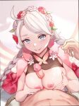 1boy 1girl absurdres ahoge artist_name blue_eyes blush braid breasts butterfly_wings capelet commission commissioner_upload couple fairy_wings fingernails fire_emblem fire_emblem_fates fire_emblem_heroes flower grey_hair hair_vines hairband heart hetero highres insect_wings kiran_(fire_emblem) kiran_(male)_(fire_emblem) large_breasts long_fingernails long_hair looking_at_viewer low_twin_braids low_twintails nail_polish nina_(fire_emblem) nina_(resplendent)_(fire_emblem) nipples non-web_source official_alternate_costume paizuri penis pink_capelet pink_flower pink_nails shiro_font solo_focus tongue tongue_out twin_braids twintails white_flower wings 
