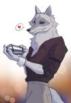 alternate_costume anthro barista beverage bottomwear canid canine canis claws clothing cuffs_(clothing) death_(puss_in_boots) dreamworks facial_markings fur fuzzy grey_body grey_fur half-closed_eyes head_markings heart_symbol hi_res holding_object looking_at_viewer male mammal markings mask_(marking) narrowed_eyes pants puss_in_boots_(dreamworks) red_eyes shirt smile solo standing topwear wawapras wolf