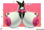 anthro areola big_breasts breasts bust_portrait confetti cornchip21 cricket-inc english_text exclamation_point female generation_9_pokemon green_body hi_res huge_breasts hyper hyper_breasts looking_at_viewer meowscarada nintendo nipples open_mouth pink_areola pink_eyes pink_nipples pokemon pokemon_(species) portrait solo text