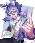  1boy \n/ absurdres animal_ear_fluff animal_ears belt blue_hair borrowed_character claw_pose cropped_jacket fingernails gtcockroach high_collar highres long_fingernails long_hair looking_at_viewer male_focus original pants popped_collar shirt_tucked_in slit_pupils smile solo tail tongue tongue_out wolf_boy wolf_ears wolf_tail yellow_eyes 
