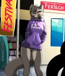 banner barely_visible_genitalia barely_visible_pussy blush bodily_fluids bottomless canid canine clothed clothing eyes_closed female feretta fox fur genital_fluids genitals grey_body grey_fur hi_res hoodie mammal public pussy red_fox sex_toy silver_fox smile street topwear true_fox upskirt vaginal_fluids vibrator vixavil_hayden