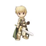  1boy armor armored_boots belt blush boots brown_belt brown_eyes brown_pants cape chainmail chibi clenched_hand closed_mouth emblem full_body gauntlets green_cape knight_(ragnarok_online) looking_at_viewer male_focus medium_bangs official_art pants pauldrons ragnarok_online short_hair shoulder_armor simple_background smile solo standing sword tabard tachi-e transparent_background v-shaped_eyebrows weapon yuichirou 