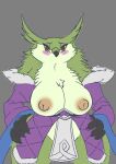 areola avian beak big_breasts bird blush breasts claws clothed clothing eyewear feathers female glasses hi_res huge_breasts lion_granny looking_at_viewer mature_female nipples owl purple_clothing ramona_(unicorn_overlord) robe simple_background solo unicorn_overlord vanillaware wiping_forehead
