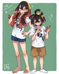  1boy 1girl alternate_costume aoya_(ayoyame18) barefoot black_hair blue_shorts blush brother_and_sister brown_shorts carmine_(pokemon) closed_eyes clothes_writing commentary_request crossed_bangs full_body grin hair_between_eyes hairband hand_on_own_hip holding kieran_(pokemon) long_hair mole mole_on_neck mole_under_eye multicolored_hair orange_eyes pokemon pokemon_sv puff_of_air purple_hair red_hair shirt short_sleeves shorts siblings signature simple_background smile socks standing t-shirt translation_request tupet white_shirt white_socks 