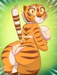 anthro bra breasts butt clothing dreamworks felid female green_background grimphantom hi_res kung_fu_panda looking_at_viewer looking_back mammal master_tigress pantherine panties side_boob simple_background solo tiger underwear