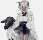  1girl animal bell belt black_bow black_bowtie black_shorts black_skirt bow bowtie c_cand1e cape dark-skinned_female dark_skin fur-trimmed_cape fur_trim highres horns long_sleeves looking_at_viewer neck_bell original parted_lips sheep sheep_girl sheep_horns shirt shirt_tucked_in short_hair shorts simple_background skirt sleeves_past_wrists solo white_background white_cape white_hair white_shirt yellow_eyes 