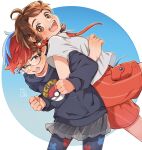  2girls aoya_(ayoyame18) black_eyes blue_hair blush brown_eyes brown_hair clenched_hands collared_shirt glasses hood hood_down hoodie juliana_(pokemon) long_sleeves multiple_girls naranja_academy_school_uniform open_mouth pantyhose penny_(pokemon) pokemon pokemon_sv red_hair red_shorts school_uniform shirt short_hair shorts signature simple_background skirt sweat white_shirt 