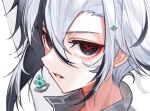  1girl arlecchino_(genshin_impact) black_eyes black_hair close-up genshin_impact grey_hair looking_at_viewer multicolored_hair nero_hanken parted_lips short_hair solo streaked_hair ufo 