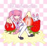  1girl animal bandaged_arm bandages black_eyes black_footwear blunt_bangs bow character_name checkered_background collar copyright_name expressionless ezaki_bisuko food fruit hexagram menhera-chan_(ezaki_bisuko) menhera-chan_(ezaki_bisuko)_(character) pink_background pink_sailor_collar pink_skirt pleated_skirt purple_bow purple_collar rabbit sailor_collar school_uniform serafuku sidelocks sitting skirt star_of_david strawberry thighhighs twintails usatan_(ezaki_bisuko) white_serafuku white_thighhighs yami_kawaii 