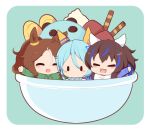  3girls :d ^_^ animal_ears blue_background blue_hair blue_shirt blush_stickers brown_hair chibi closed_eyes collared_shirt daitaku_helios_(umamusume) facing_viewer food gomashio_(goma_feet) green_shirt hair_between_eyes horse_ears ice_cream in_bowl in_container k.s.miracle_(umamusume) long_hair mejiro_palmer_(umamusume) multicolored_hair multiple_girls parted_bangs ponytail raglan_sleeves shirt side_ponytail simple_background smile streaked_hair umamusume white_hair white_shirt |_| 