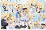  1boy 1girl :d absurdres animal_hands arm_at_side asymmetrical_legwear black_footwear black_hoodie blonde_hair blue_bow blue_choker blue_eyes blue_jacket bow bowtie chibi choker closed_mouth collared_shirt commentary cropped_hoodie drawing_on_another&#039;s_face dress dress_bow dropped_food fangs food full_body glasses gloves hair_ornament hairclip hand_on_headwear hat highres holding holding_money hood hoodie ice_cream ice_cream_cone inkling inkling_girl inkling_player_character jacket leg_warmers light_smile long_hair medium_hair money namazuoku octoling octoling_boy octoling_player_character one-piece_swimsuit one_eye_closed one_side_up open_clothes open_jacket open_mouth pants paw_gloves peaked_cap pointy_ears sailor_hat scrunchie shell_hair_ornament shirt single_glove smile sparkle splatoon_(series) spoken_food star_(symbol) star_hair_ornament striped_clothes striped_vest suction_cups swimsuit symbol-only_commentary tentacle_hair v vest waistcoat white_bow white_bowtie white_dress white_leg_warmers white_one-piece_swimsuit white_pants white_shirt wrist_scrunchie yellow-framed_eyewear 