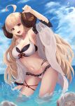  1girl :d absurdres ahoge anila_(granblue_fantasy) benjamin4679 bikini blonde_hair breasts brown_eyes cloud collarbone commentary_request contrapposto crop_top dot_nose frills granblue_fantasy hand_up highres horns large_breasts legs_apart long_hair long_sleeves looking_at_viewer navel open_mouth outdoors sash shadow sheep sheep_horns sky smile solo_focus string_bikini swimsuit tankini teeth thick_eyebrows thigh_strap thighs upper_teeth very_long_hair wading white_bikini white_sash 