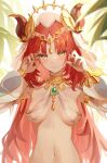  1girl bangs breasts breasts_apart brooch closed_mouth expressionless genshin_impact hands_up highres horns jewelry long_hair long_sleeves looking_at_viewer navel neck_ring nilou_(genshin_impact) parted_bangs puffy_long_sleeves puffy_sleeves red_hair revealing_clothes solo stomach tuyugane upper_body veil wet 