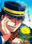  1boy bare_tree blue_jacket close-up commentary_request dctroo_08 flower golden_kamuy hand_on_own_cheek hand_on_own_face hat highres jacket long_sleeves looking_at_flowers male_focus military_hat military_uniform scar scar_on_face scarf short_hair sky snow solo spiked_hair sugimoto_saichi tree twitter_username uniform yellow_flower 