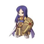 1girl 2000s_(style) armor armored_boots blue_shirt boobplate boots brown_skirt cape chibi closed_mouth cross crusader_(ragnarok_online) frown full_body gauntlets holding holding_shield holding_sword holding_weapon long_hair long_sleeves looking_at_viewer official_art pants pauldrons purple_cape purple_eyes purple_hair ragnarok_online shield shirt shoulder_armor simple_background skirt solo standing sword tachi-e transparent_background v-shaped_eyebrows weapon yuichirou 