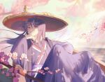  1boy androgynous branch canoe cherry_blossoms flower genshin_impact hand_on_own_face haori hat head_tilt japanese_clothes jingasa kimono leaning_back long_hair long_sleeves looking_at_viewer male_focus pink_flower purple_hair purple_haori purple_kimono purple_obi scaramouche_(genshin_impact) sevkyi sideways_glance sitting solo straight_hair water wide_brim wide_sleeves 