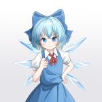  1girl bangs blue_bow blue_eyes blue_hair blue_vest bow cirno closed_mouth collared_shirt english_commentary hair_bow hand_on_hip highres i_want_you ice ice_wings lbcirno9 looking_at_viewer parody pointing pointing_at_viewer shirt short_hair simple_background smile solo touhou vest white_background white_shirt wings 