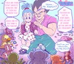  1boy 1girl black_eyes black_hair blue_eyes blue_hair bra_(dragon_ball) child commentary diamond_(gemstone) dragon_ball dragon_ball_z dress english_commentary english_text father_and_daughter green_pants green_socks hair_ornament hair_scrunchie high_ponytail highres kneeling muscular muscular_male no_shoes open_mouth pants pink_shirt polka_dot polka_dot_dress scrunchie shirt sitting sitting_on_lap sitting_on_person smile socks stuffed_animal stuffed_dog stuffed_dolphin stuffed_duck stuffed_narwhal stuffed_octopus stuffed_toy sweatdrop teddy_bear twitter_username vegeta whirlydoodle 