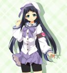  1girl atelier-moo black_hair breasts closed_mouth cowboy_shot green_eyes hat long_hair long_sleeves machida_tomoka machidake miniskirt narrow_waist pantyhose ribbon school_uniform simple_background skirt smile solo standing thighs very_long_hair 