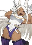  1girl :d alien_alienen animal_ears bare_shoulders boku_no_hero_academia breasts covered_abs covered_navel crescent_print dark-skinned_female dark_skin fur_collar gloves hands_up highleg highleg_leotard highres large_breasts leotard long_eyelashes long_hair looking_at_viewer mirko muscular muscular_female open_mouth parted_bangs purple_thighhighs rabbit_ears rabbit_girl rabbit_pose red_eyes sleeveless_turtleneck_leotard smile solo standing standing_on_one_leg taut_leotard teeth thick_thighs thighhighs thighs upper_teeth_only very_long_hair white_background white_gloves white_hair white_leotard 