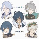  5boys alhaitham_(genshin_impact) bennett_(genshin_impact) blue_hair chest_jewel clenched_hand closed_eyes dark-skinned_male dark_skin earrings eyepatch genshin_impact goggles goggles_on_head grey_hair grin hair_between_eyes hair_over_one_eye highres jewelry kaeya_(genshin_impact) kamisato_ayato male_focus mole mole_under_mouth multiple_boys pumu_(pumu_co29) simple_background single_earring smile tongue tongue_out upper_body xingqiu_(genshin_impact) 