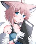  1girl ahoge animal_ear_fluff animal_ears arknights bare_shoulders black_choker blue_dress blush brown_hair choker collarbone commentary_request dress fox_ears fox_girl fox_tail gloves hair_between_eyes hands_up highres holding jacket looking_at_viewer material_growth off_shoulder oripathy_lesion_(arknights) parted_lips short_hair simple_background sleeveless sleeveless_dress solo spam_(spamham4506) sussurro_(arknights) sweat tail upper_body white_background white_gloves white_jacket 