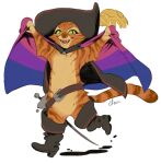 anthro belt bisexual bisexual_pride_colors boots cape clothing domestic_cat dreamworks felid feline felis female flag footwear fruitofwinter fur green_eyes hat headgear headwear hi_res holding_flag holding_object lgbt_pride looking_at_viewer male mammal markings melee_weapon open_mouth orange_body orange_fur pride_color_flag pride_colors puss_in_boots_(character) puss_in_boots_(dreamworks) rapier simple_background smile solo striped_body striped_markings stripes sword tabby_cat weapon white_background