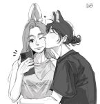  animal_ears animification blush boke_(woxihuanqincai) bra cellphone chinese_commentary commission dog_ears greyscale holding holding_phone k-pop kemonomimi_mode kiss kissing_cheek looking_at_viewer mamamoo monochrome moonbyul_(mamamoo) one_eye_closed phone rabbit_ears real_life see-through see-through_shirt shirt simple_background sleeveless sleeveless_shirt smartphone smile solar_(mamamoo) underwear white_background 