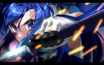  1girl blood blood_on_face blue_bodysuit blue_eyes blue_hair blue_leotard bodysuit breasts gloves highres holding holding_sword holding_weapon kazanari_tsubasa leotard long_hair nyanmaru senki_zesshou_symphogear solo sparks sword weapon 